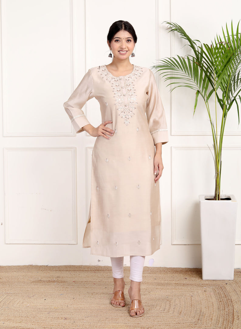 Floral Embroidered Beige Kurti