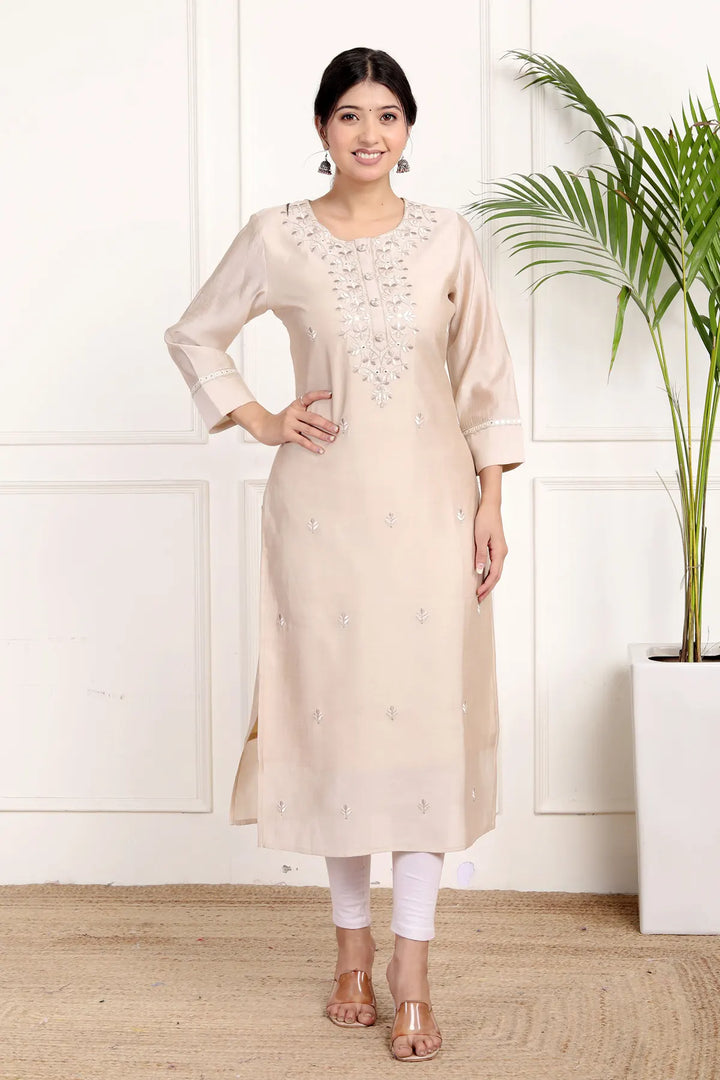Floral Embroidered Beige Kurti