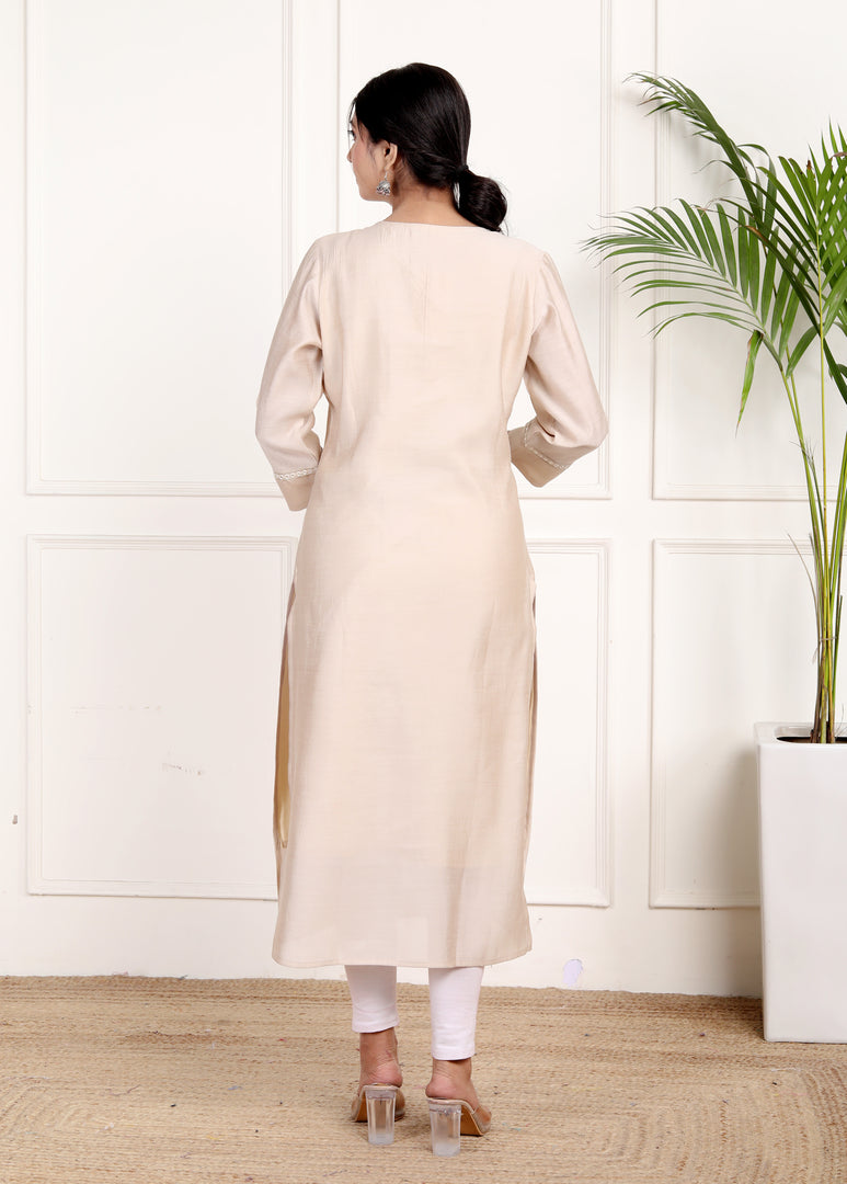 Floral Embroidered Beige Kurti