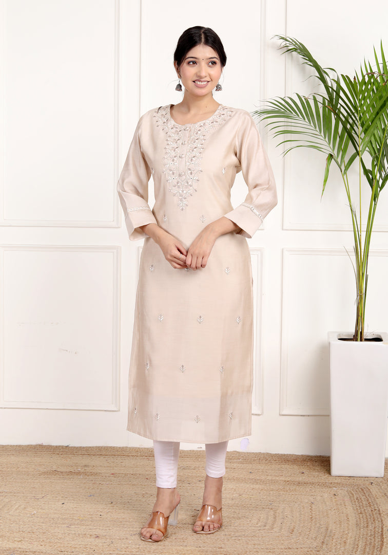 Floral Embroidered Beige Kurti