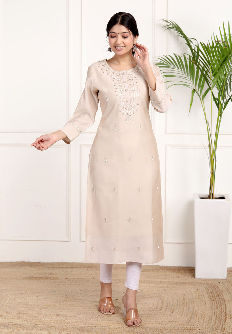 Floral Embroidered Beige Kurti