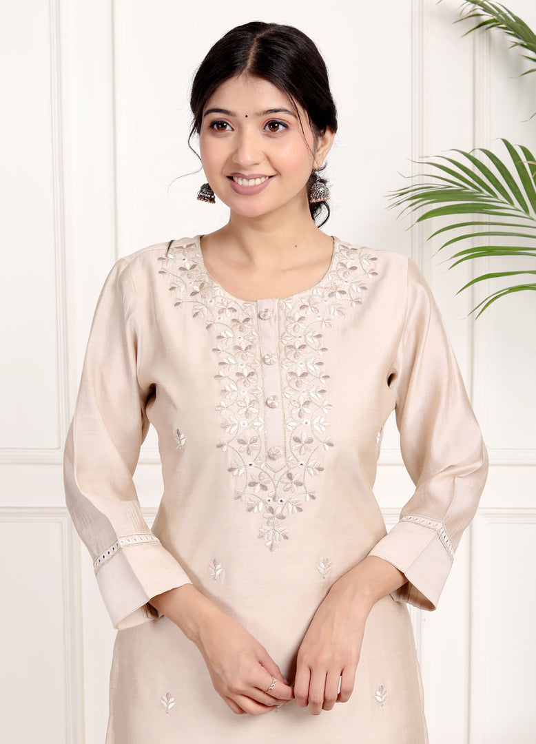 Floral Embroidered Beige Kurti