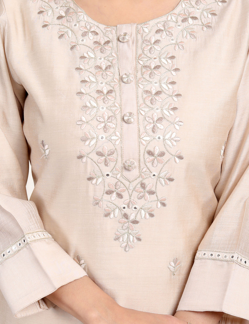 Floral Embroidered Beige Kurti