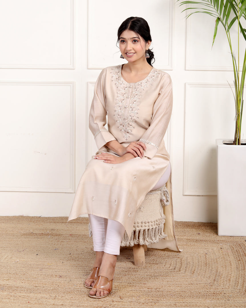 Floral Embroidered Beige Kurti