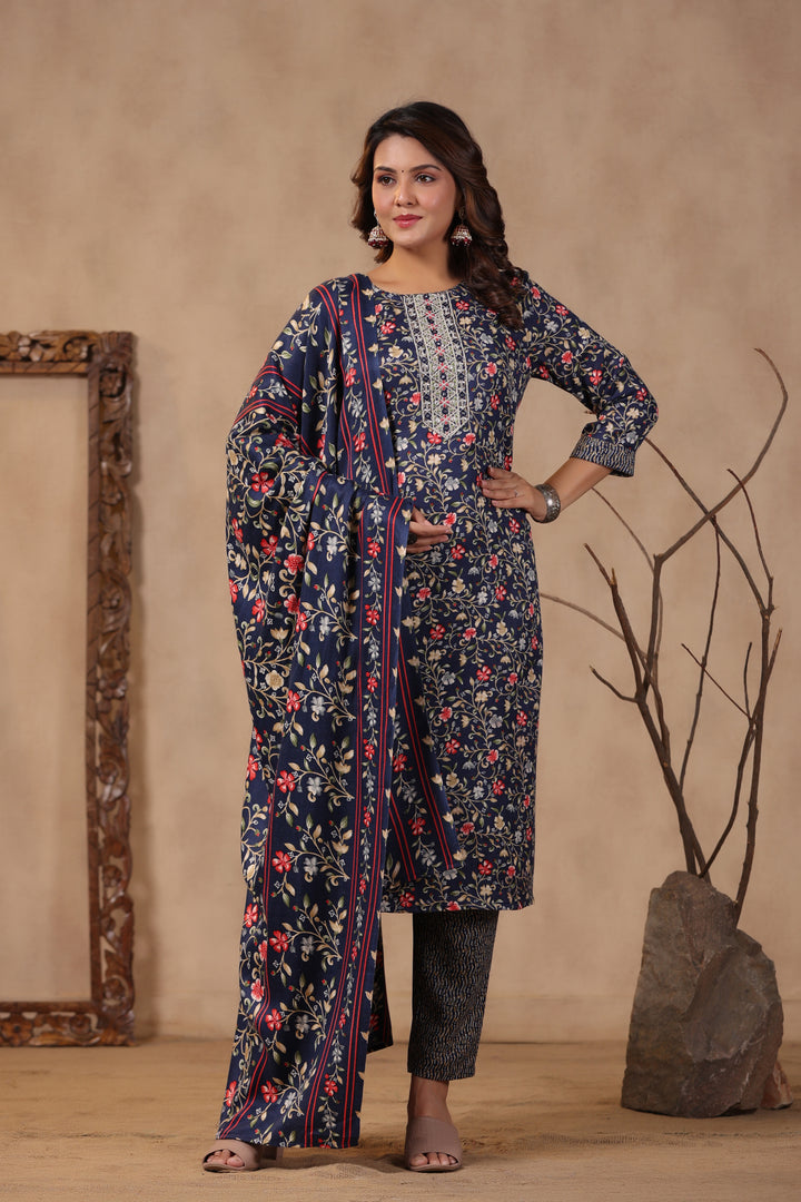 Floral Printed Warm Woolen Suit Set with Dupatta