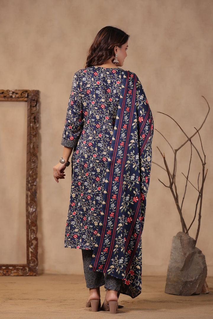 Floral Printed Warm Woolen Suit Set with Dupatta