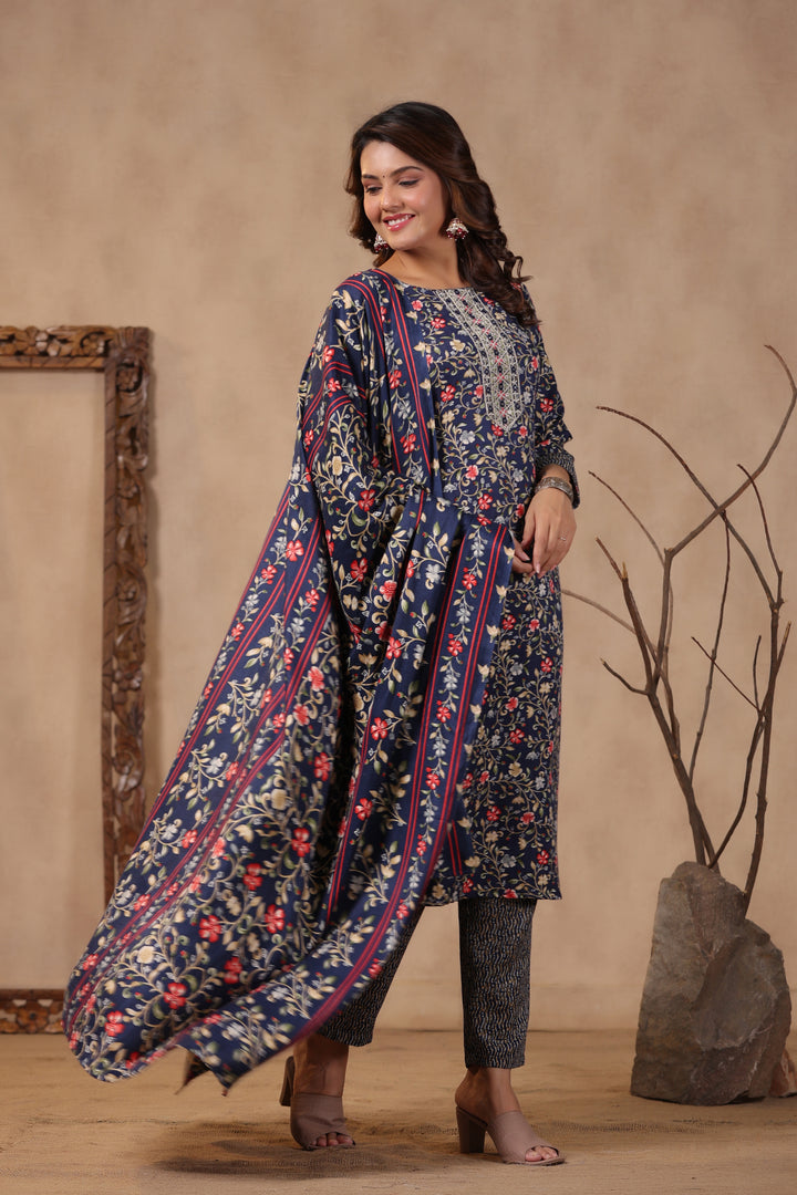 Floral Printed Warm Woolen Suit Set with Dupatta