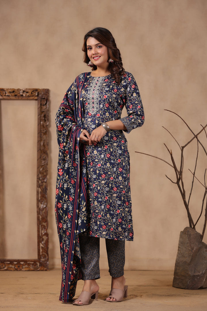 Floral Printed Warm Woolen Suit Set with Dupatta