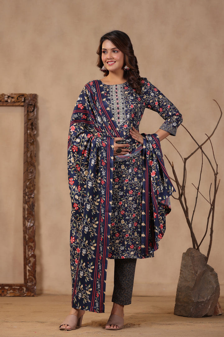 Floral Printed Warm Woolen Suit Set with Dupatta