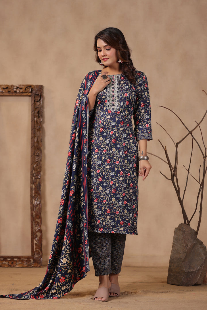 Floral Printed Warm Woolen Suit Set with Dupatta