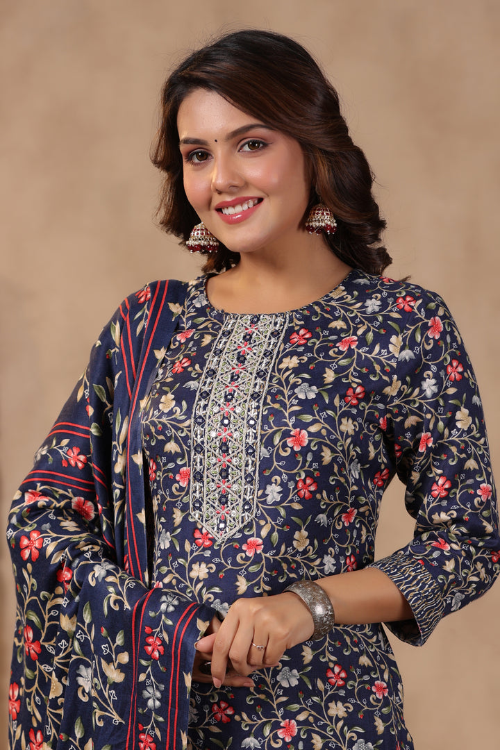 Floral Printed Warm Woolen Suit Set with Dupatta