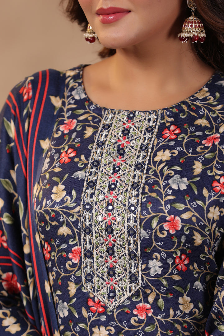 Floral Printed Warm Woolen Suit Set with Dupatta