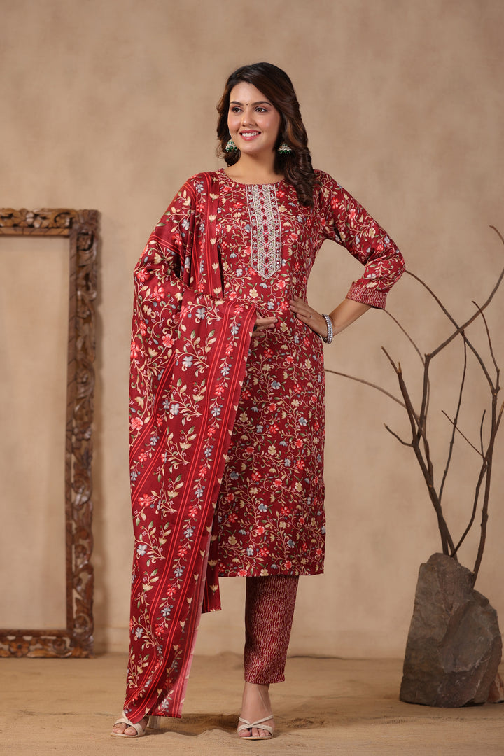 Floral Printed Warm Woolen Suit Set with Dupatta