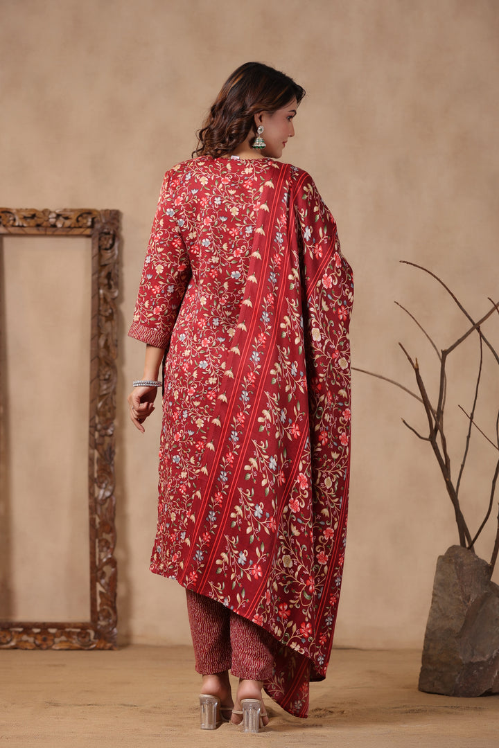 Floral Printed Warm Woolen Suit Set with Dupatta