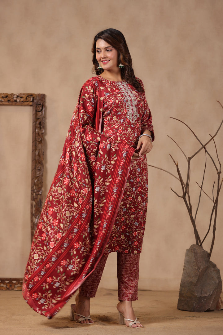 Floral Printed Warm Woolen Suit Set with Dupatta