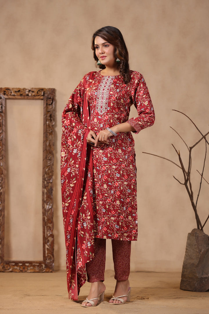 Floral Printed Warm Woolen Suit Set with Dupatta