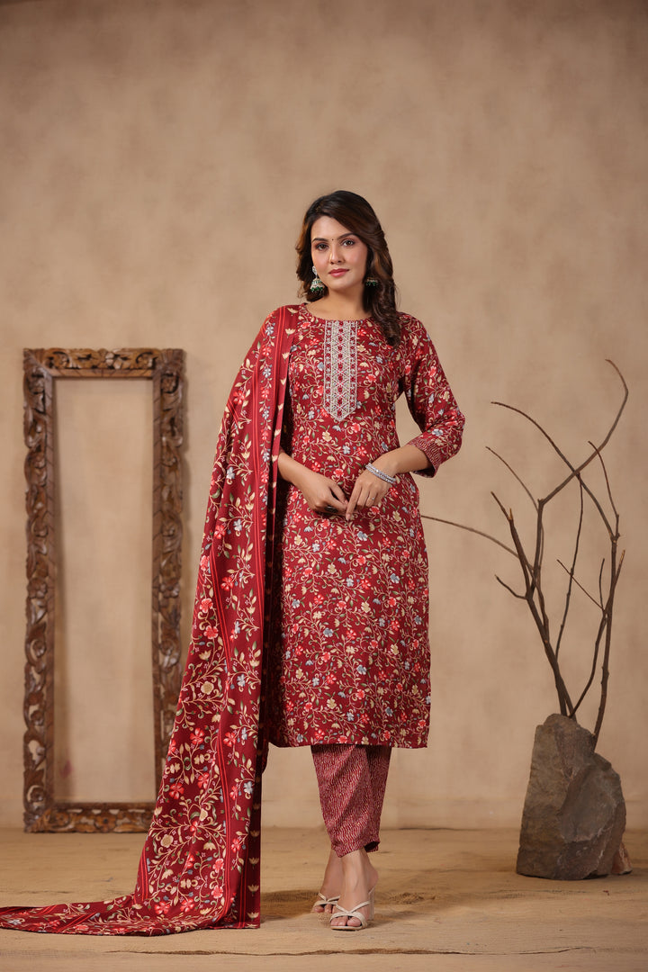 Floral Printed Warm Woolen Suit Set with Dupatta