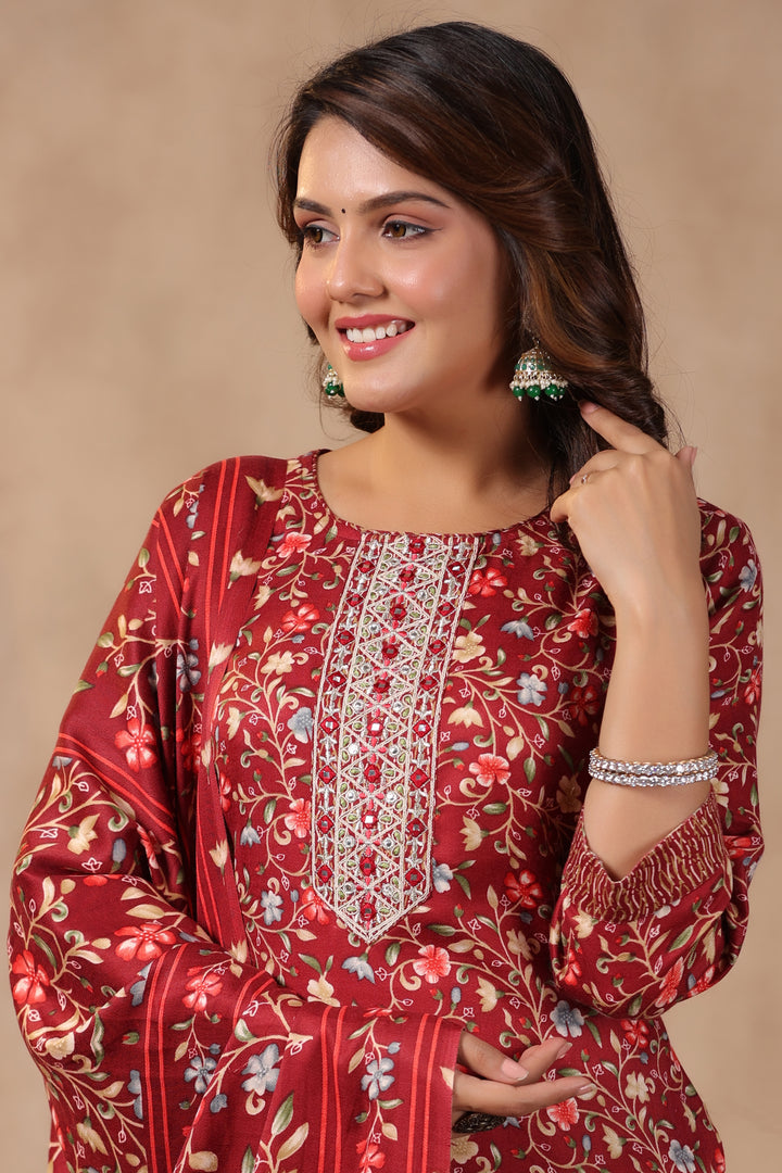 Floral Printed Warm Woolen Suit Set with Dupatta