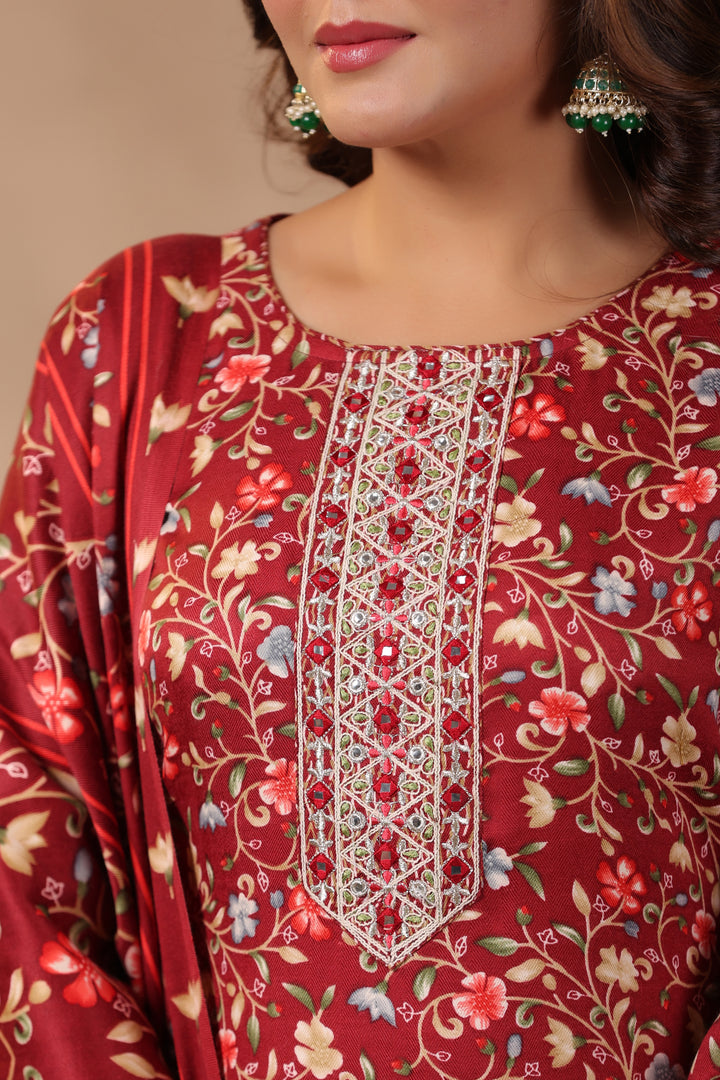 Floral Printed Warm Woolen Suit Set with Dupatta