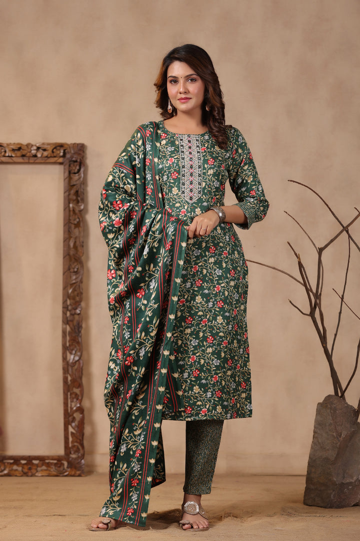 Floral Printed Warm Woolen Suit Set with Dupatta