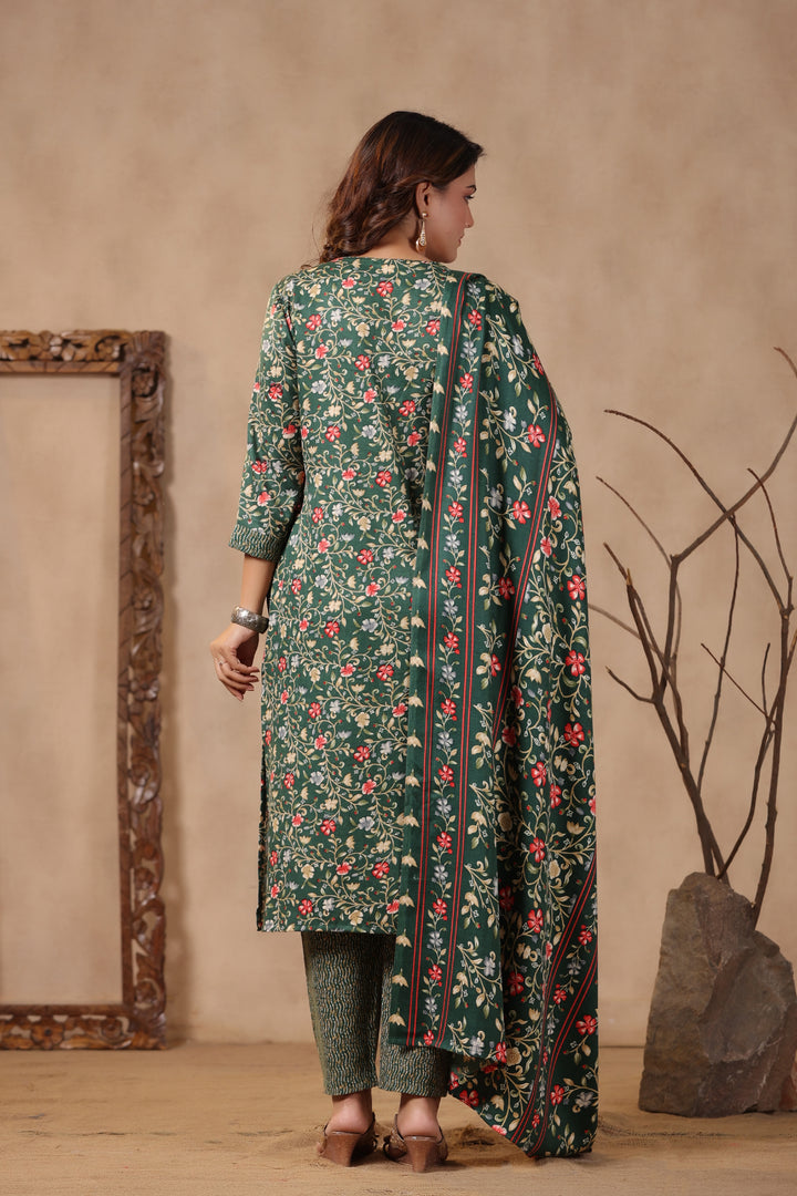 Floral Printed Warm Woolen Suit Set with Dupatta