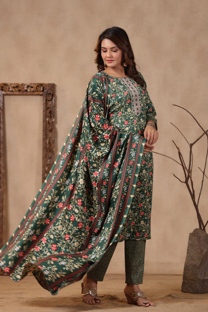 Floral Printed Warm Woolen Suit Set with Dupatta