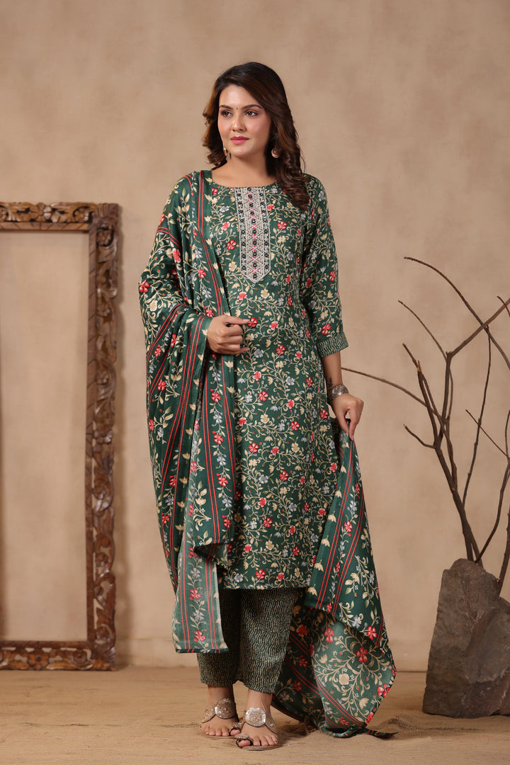 Floral Printed Warm Woolen Suit Set with Dupatta