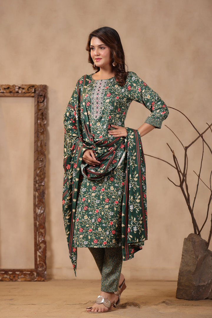 Floral Printed Warm Woolen Suit Set with Dupatta