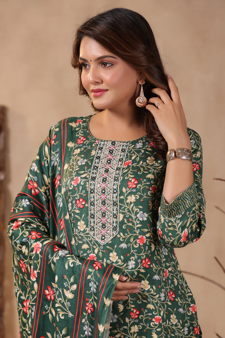 Floral Printed Warm Woolen Suit Set with Dupatta