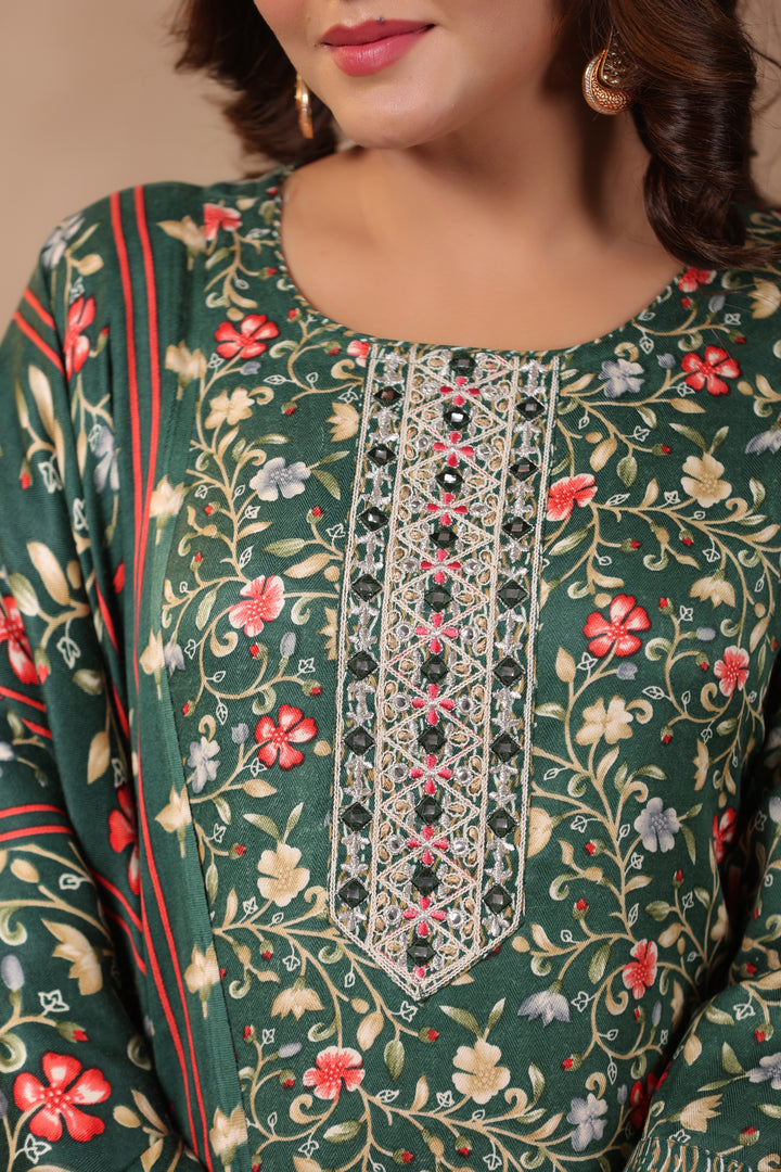 Floral Printed Warm Woolen Suit Set with Dupatta
