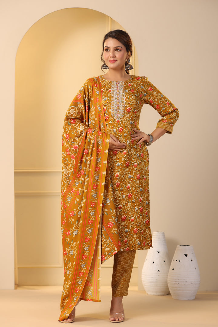 Floral Printed Warm Woolen Suit Set with Dupatta