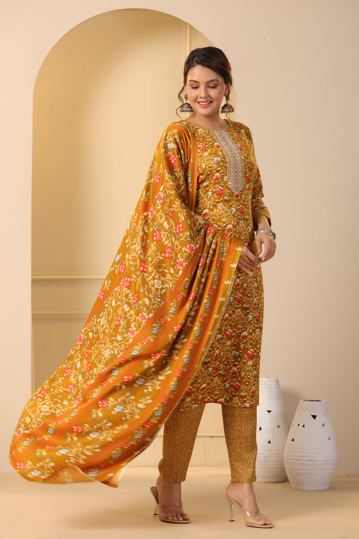 Floral Printed Warm Woolen Suit Set with Dupatta