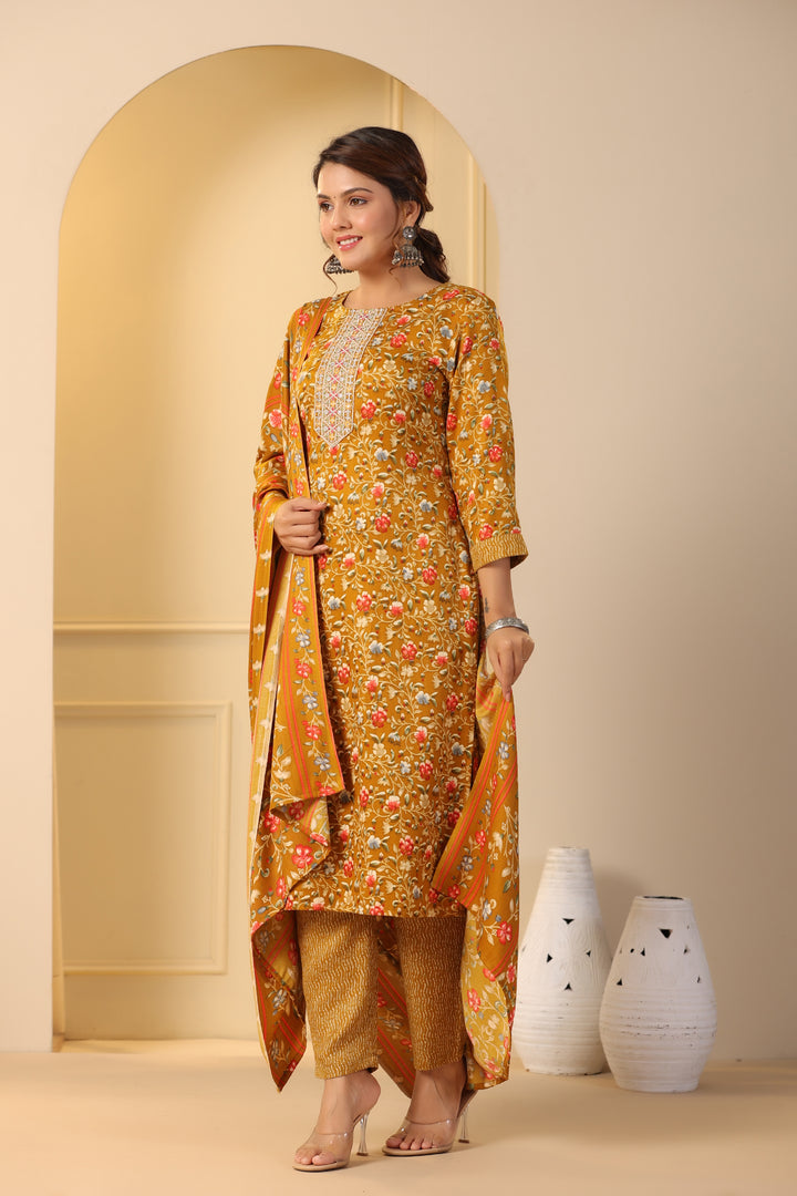 Floral Printed Warm Woolen Suit Set with Dupatta