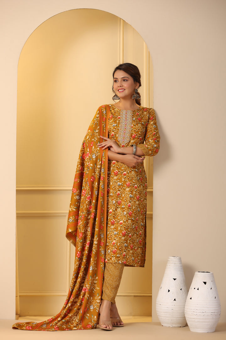 Floral Printed Warm Woolen Suit Set with Dupatta