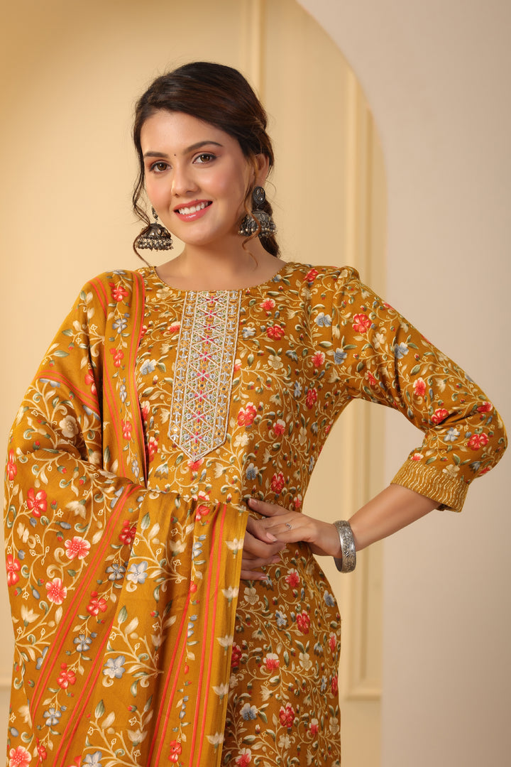 Floral Printed Warm Woolen Suit Set with Dupatta