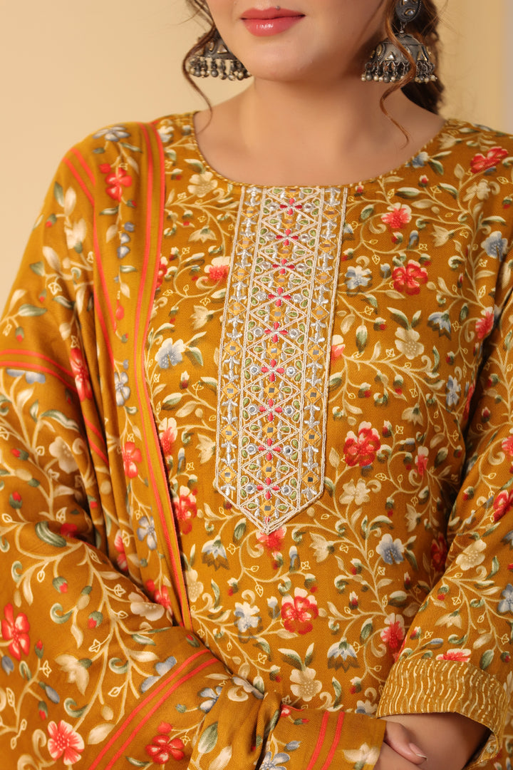 Floral Printed Warm Woolen Suit Set with Dupatta