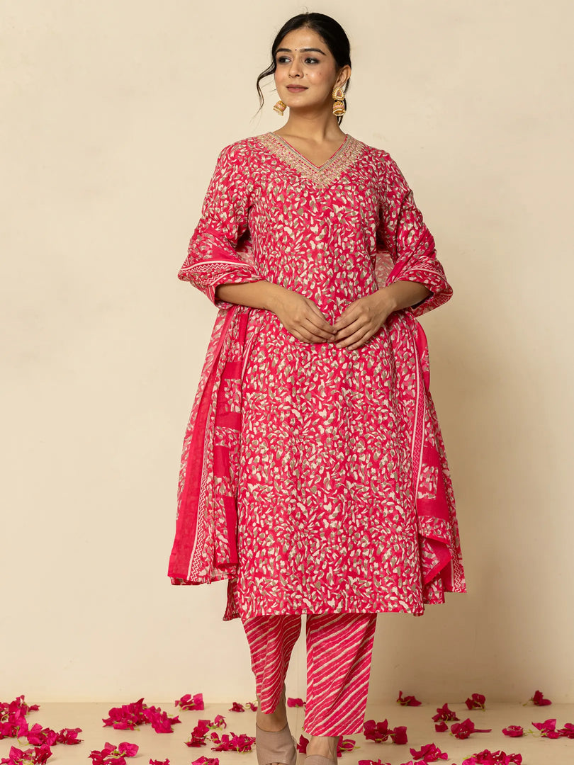 Polycotton Blend Printed & Embroidery Rani Color Suit Set