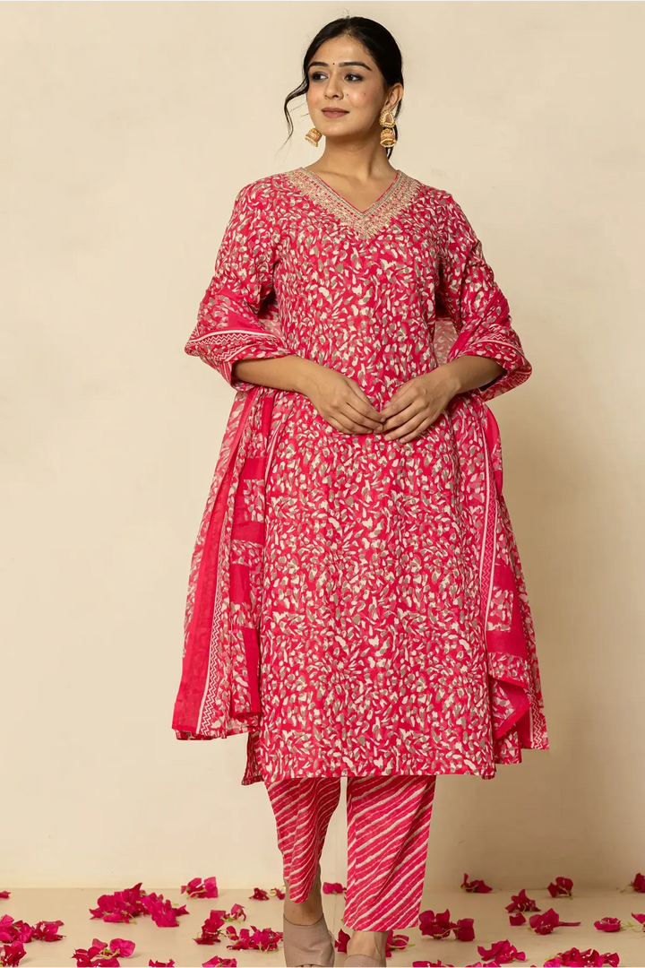 Polycotton Blend Printed & Embroidery Rani Color Suit Set