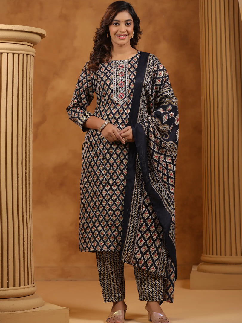 Ethnic Motifs Printed Rayon Kurta Set & Dupatta