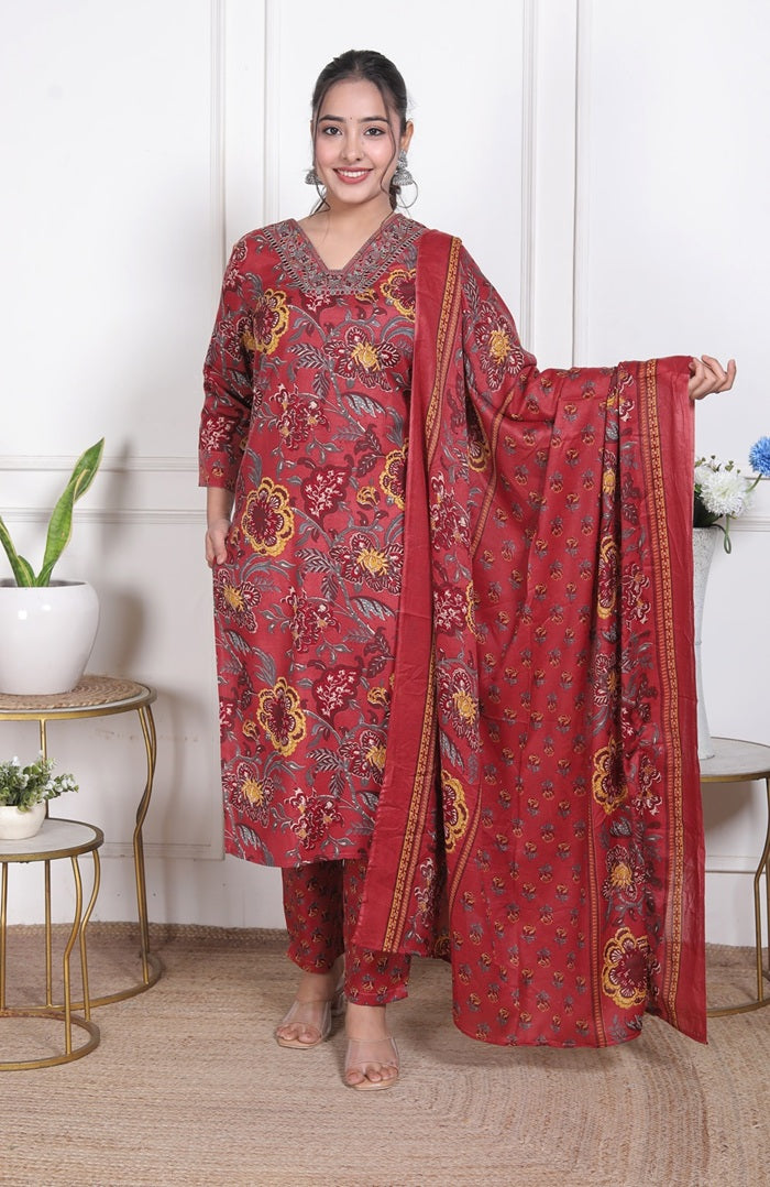 Crimson Bloom Cotton Straight Suit Set