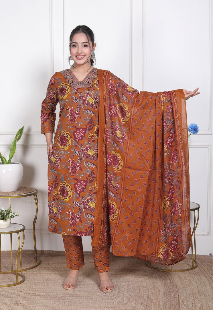 Amber Bloom Cotton Straight Suit Set
