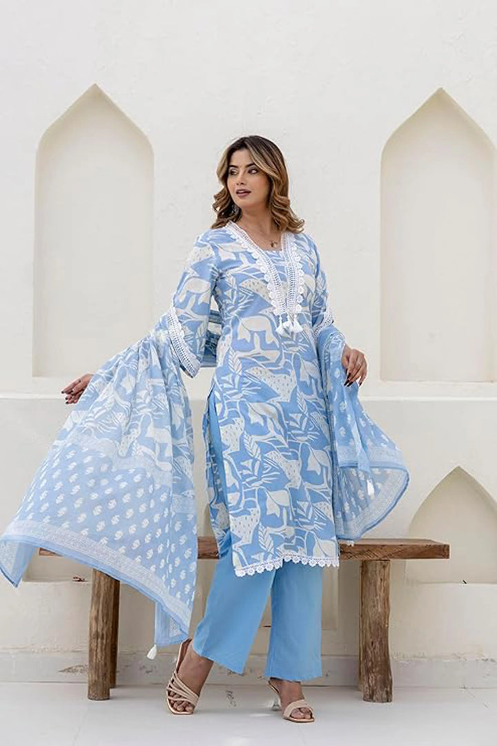 Cotton Printed A-Line Neck with Lace Work Kurta With Pant And Dupatta Suit Set