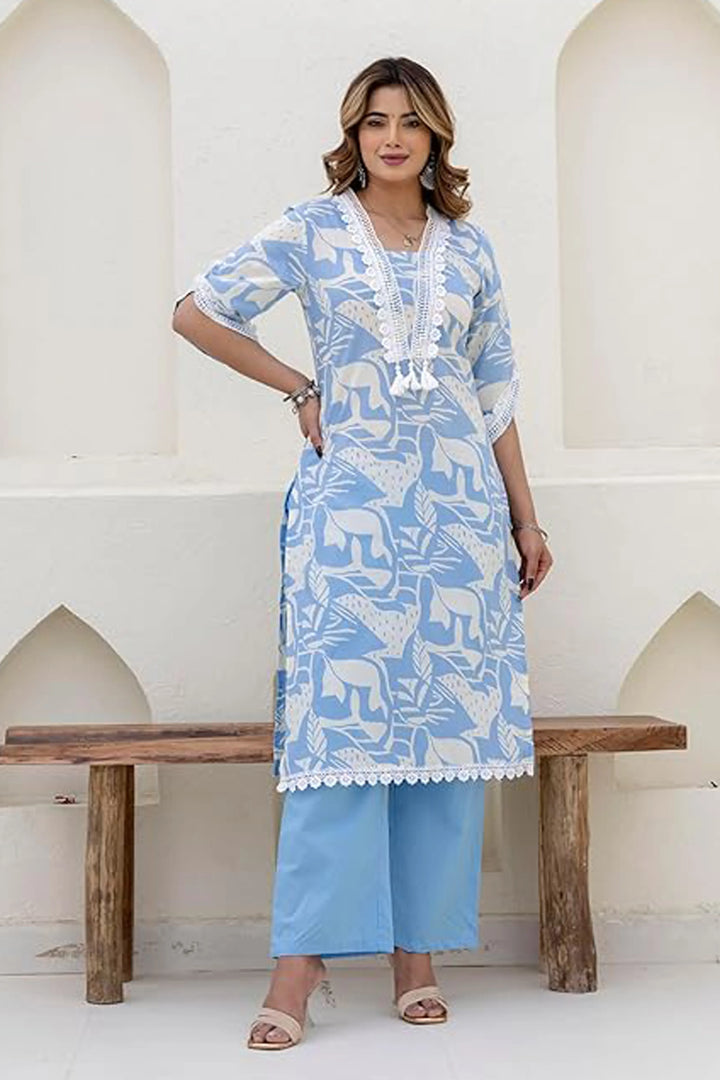 Cotton Printed A-Line Neck with Lace Work Kurta With Pant And Dupatta Suit Set