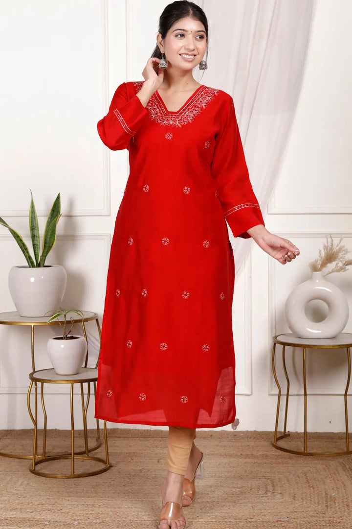 Ethnic Motifs Embroidered Straight Kurti