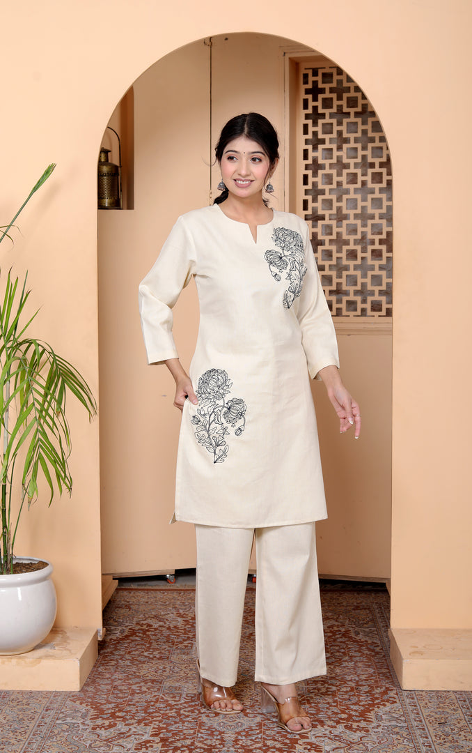 Women Embroidered Straight Floral Print Co-Ords Sets