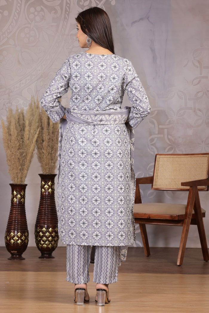 Soft Grey Bloom Cotton Suit Set