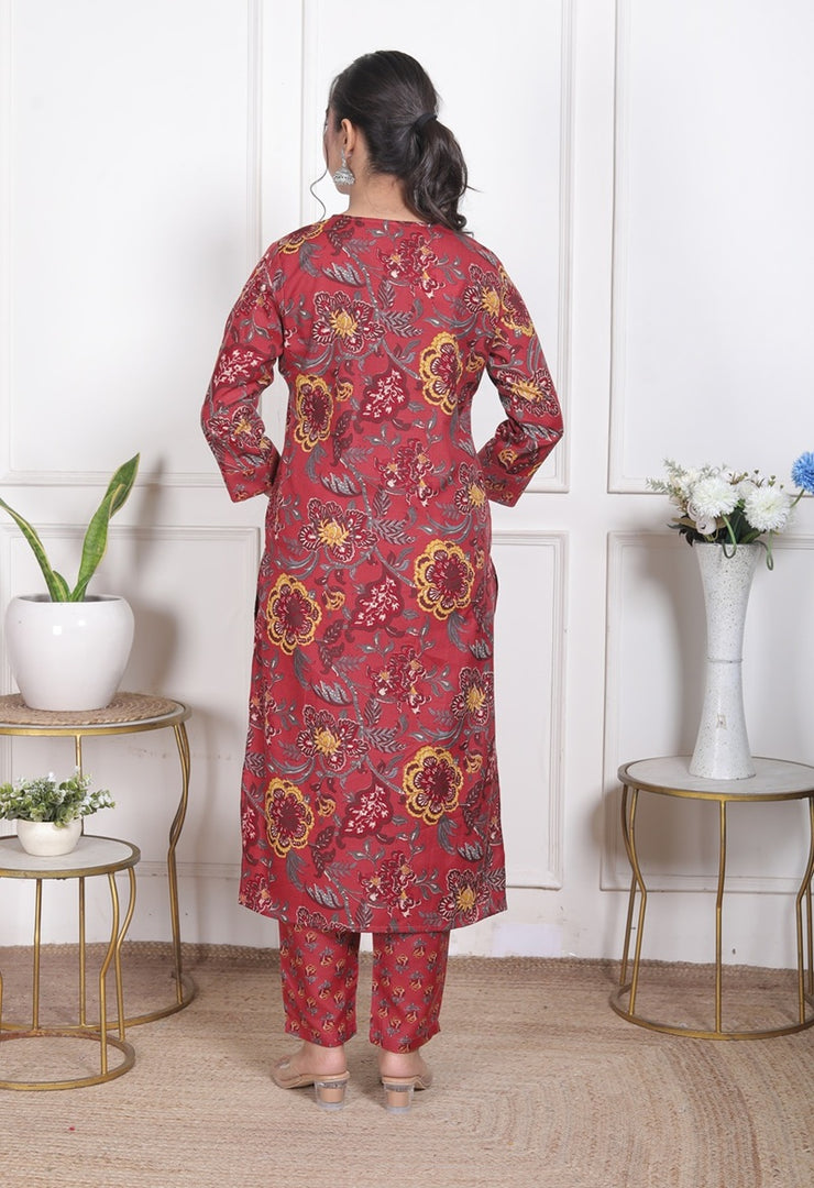 Crimson Bloom Cotton Straight Suit Set