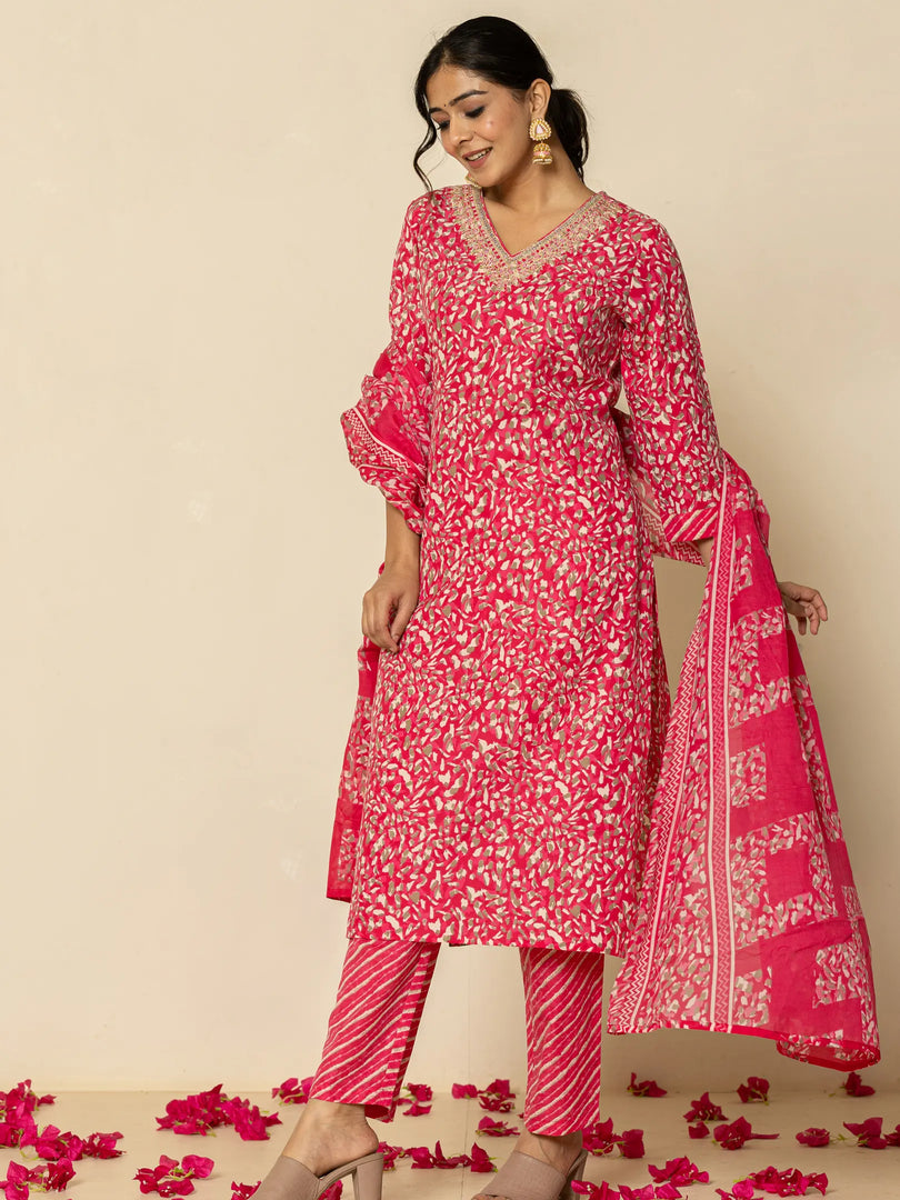 Polycotton Blend Printed & Embroidery Rani Color Suit Set