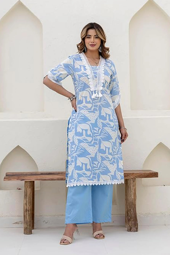 Cotton Printed A-Line Neck with Lace Work Kurta With Pant And Dupatta Suit Set