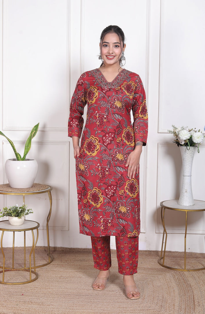 Crimson Bloom Cotton Straight Suit Set